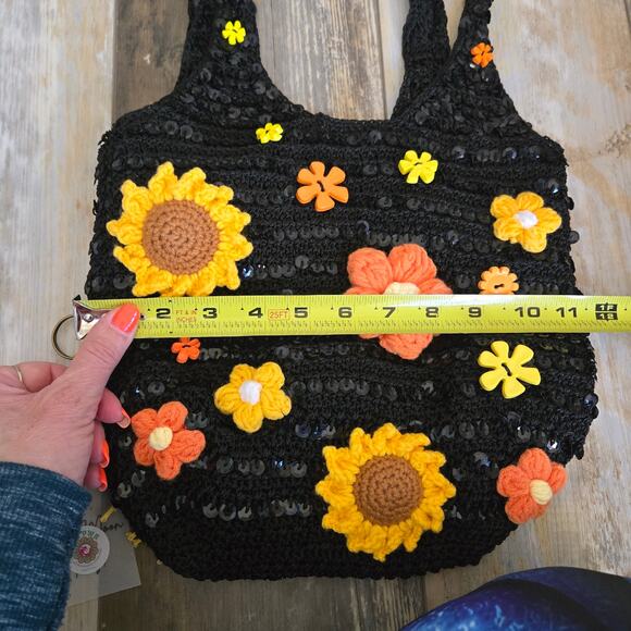 FLR PWR Upcycled Sunflower Hobo bag coin purse black sequin yellow orange - Picture 15 of 17